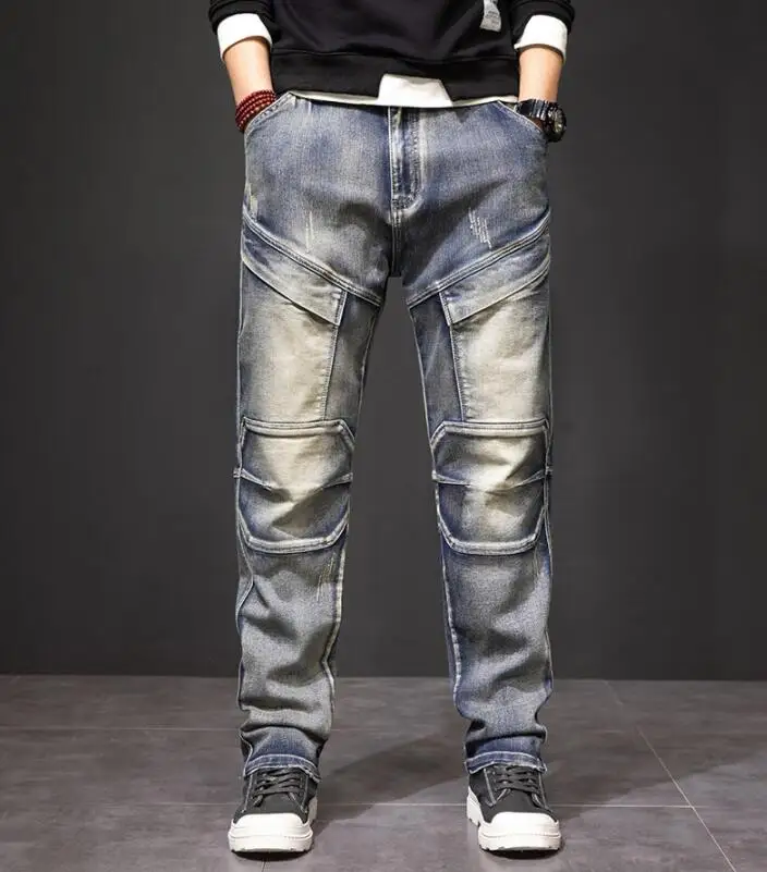 Men Jeans Distressed Big Pocket Jeans Loose Baggy Denim Pants Loose Straight-Leg Tactical Pants Man Cargo Jeans Size 29-44