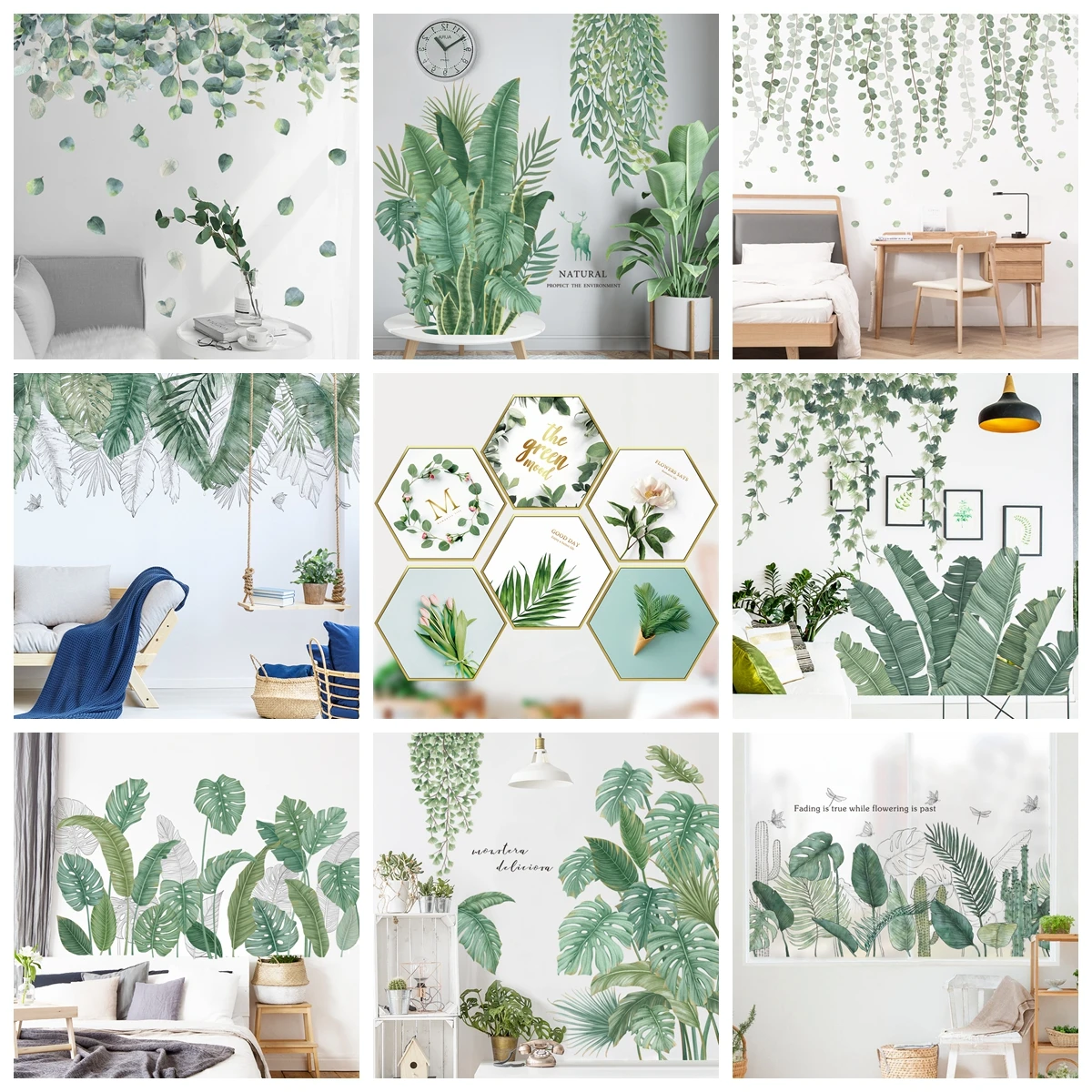 LuanQI Green Leaves Wall Stickers For Home Bedroom Room Tropical Plants Sticker Vinyl Decals Door Murals Wallpaper | Дом и сад