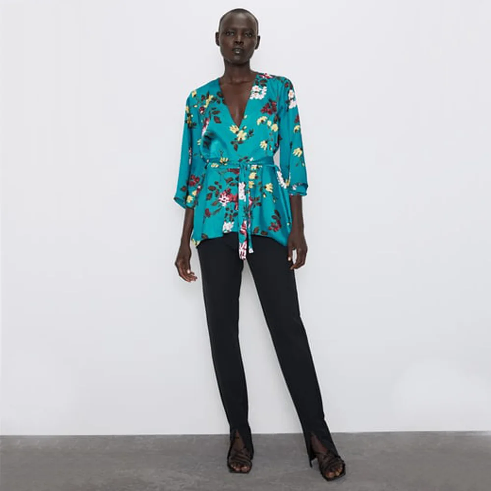 Женская рубашка с v образным вырезом ZA синяя Облегающая со складками на поясе