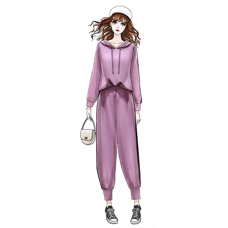 

Large size women's knitted cotton ladies suit sweater 2019 autumn and winter new fat sister knitted pants hooded jacket set
