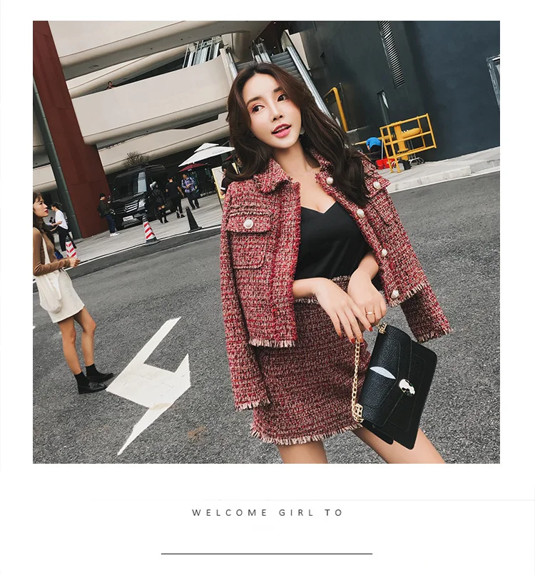 Women Skirt Sets Winter Europe Ladies Tassel Woolen Tweed Jacket+ Short Skirt Suits Elegant Two Piece Womens Clothing Sets