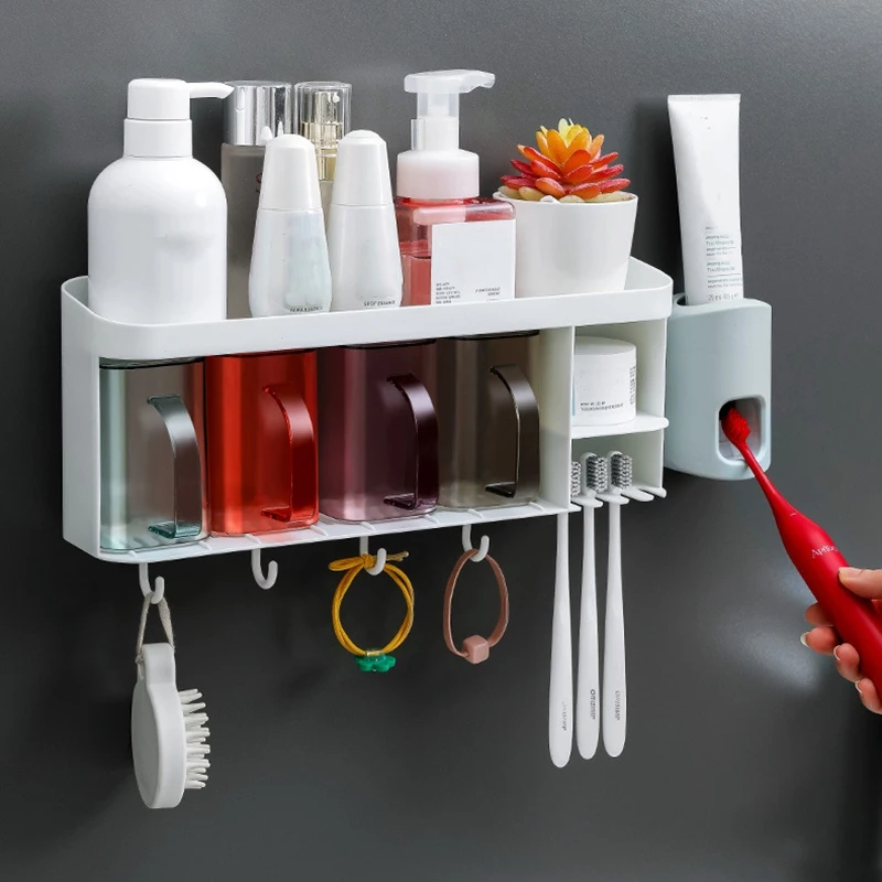 

Wall Hanging Toothbrush Holder With 4 Cups Free Punched Washed Cup Rack Suction Wall Storage Rack Bathroom Shelf