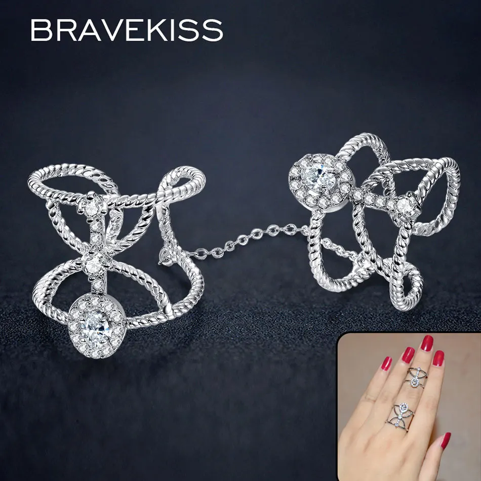 BRAVEKISS ur полные, кольца на палец с цепочкой для женщин cz камень braid разомкнутые кольца строки диапазона костяшки кольца, ювелирные изделия BUR0267