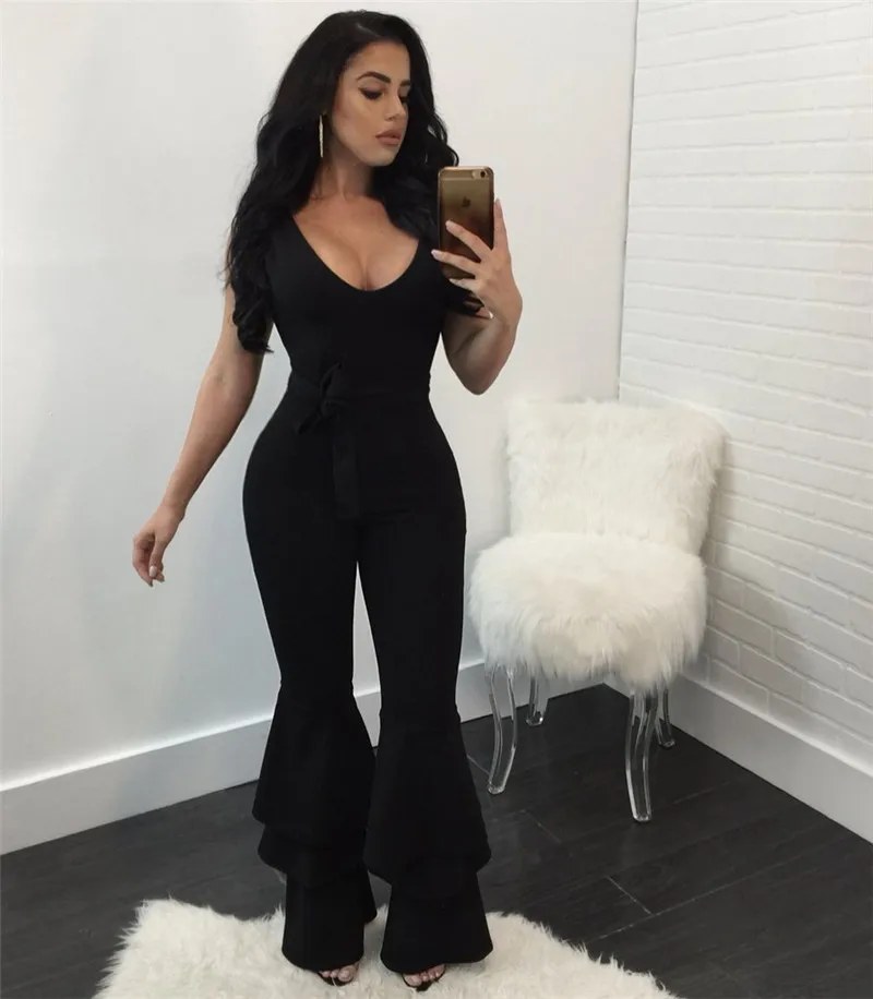 

Women Casual Romper Jumpsuits Solid Color Sleeveless Bandage Stretch Overalls Ladies Summer V Neck Wide Leg Trousers Clothes Set