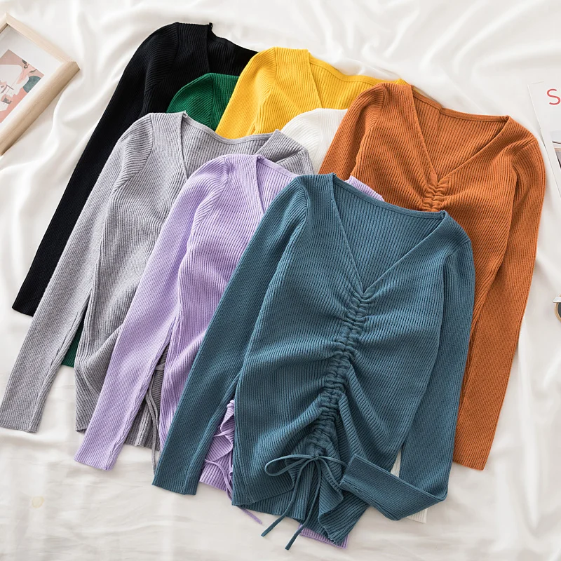 

Soft V-neck drawstring knit bottoming sweater women's inner long-sleeved s 2021 autumn slim pullover sweater female jumpers