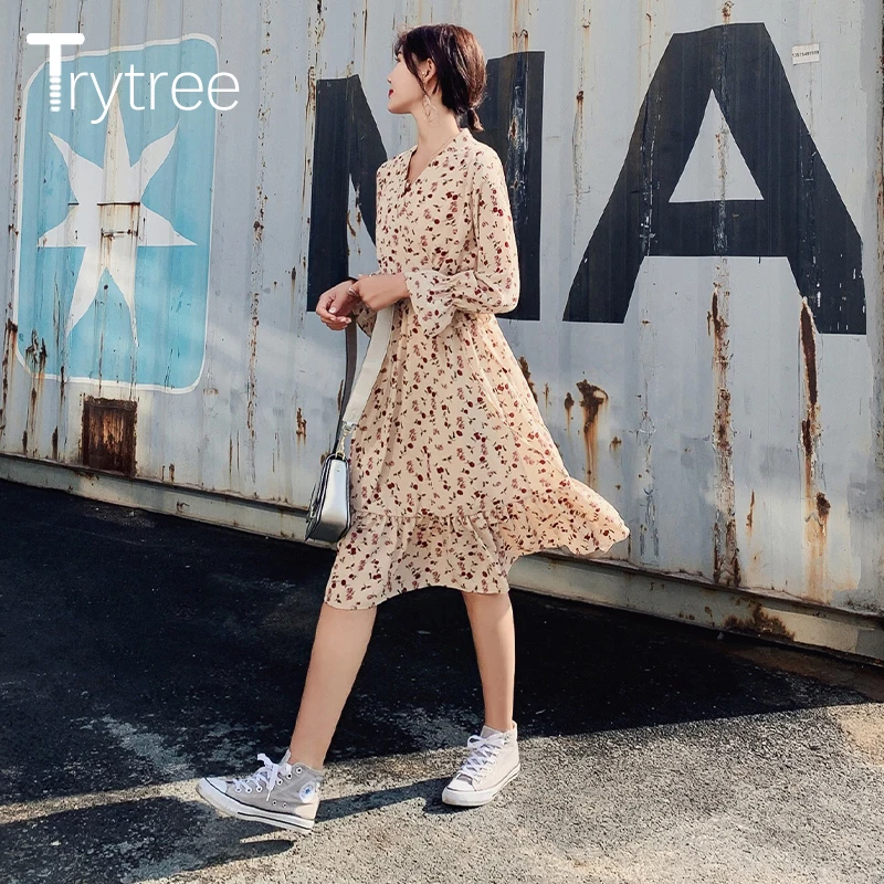 Trytree 2020 весеннее женское платье повседневное v образный вырез рукав фонарик а