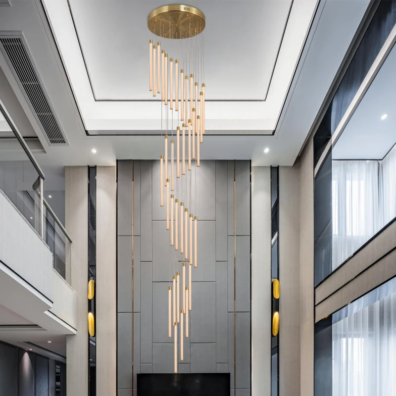 en Ucuz Modern Led Avize Aydınlatma Salonu Döner Merdiven Asılı Lamba ışığı Yayan Gövde 360 Akrilik çatı Avizeler Fikstürü