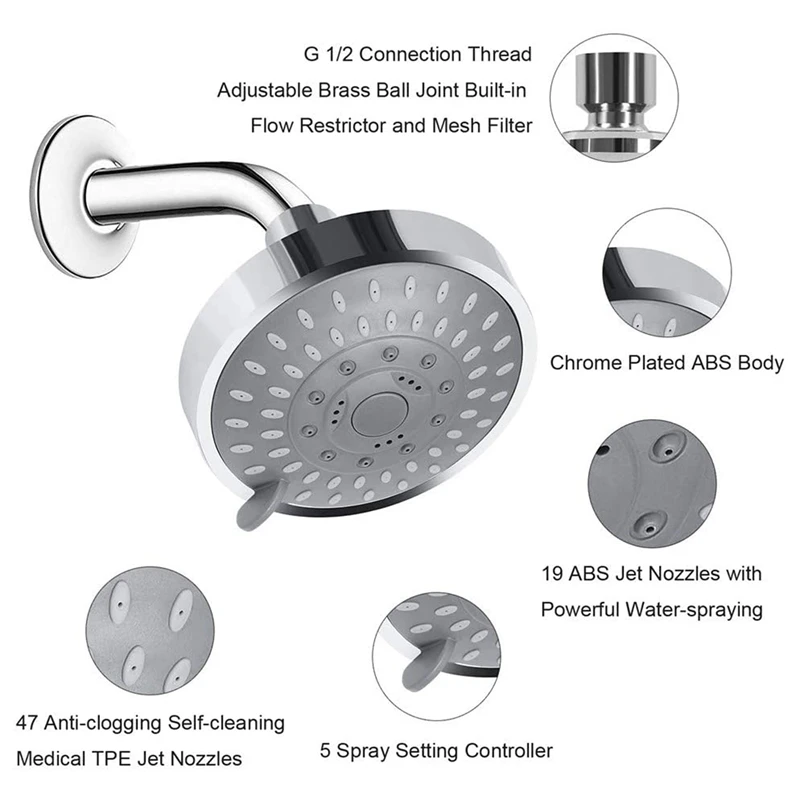 

Shower Head High Pressure Rain Fixed Showerhead Rainfall 5-Setting with Adjustable Metal Swivel Ball Joint