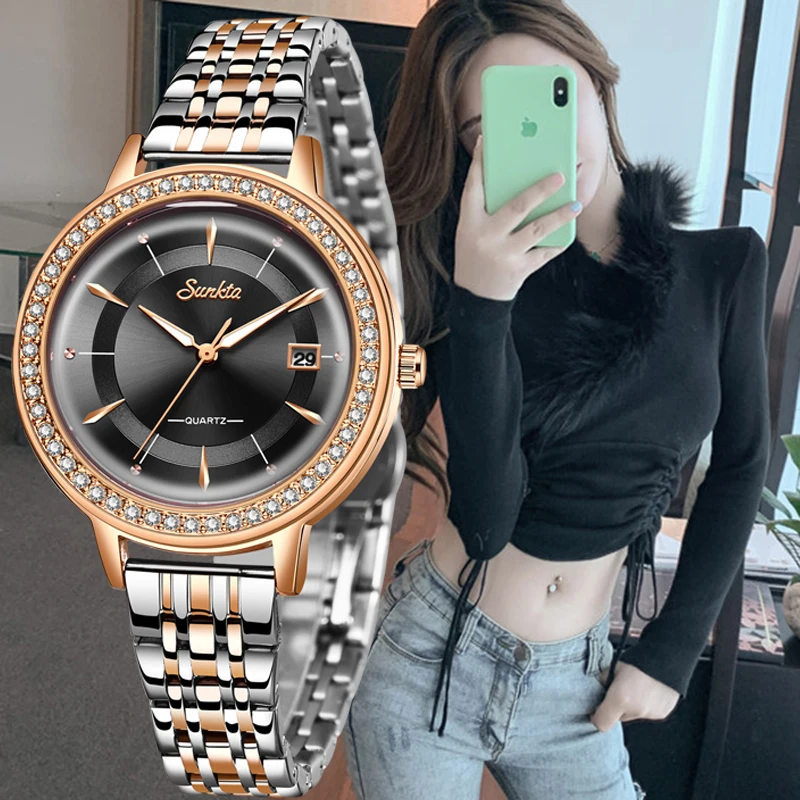 SUNKTA женские часы водонепроницаемые черные из нержавеющей стали брендовые