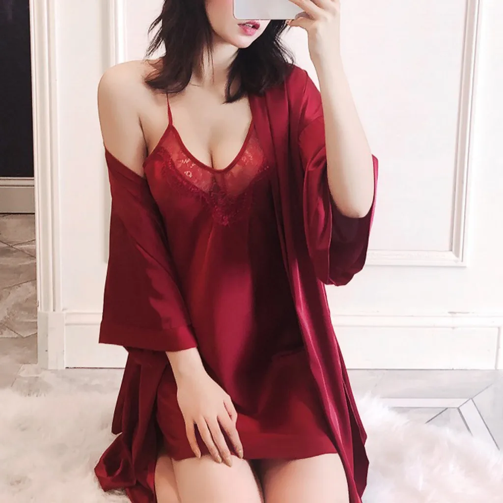 Осенний Свадебный халат + ночная рубашка сексуальное женское кружевное шелковое