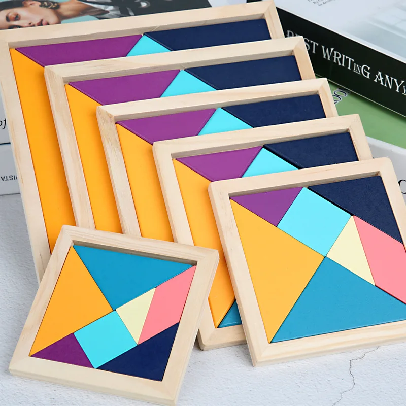 

1 PCS Montessori Wooden Tangram 7 Piece Jigsaw Puzzle Colorful Square IQ Game Brain Teaser Intelligent Educational Toys for Kids