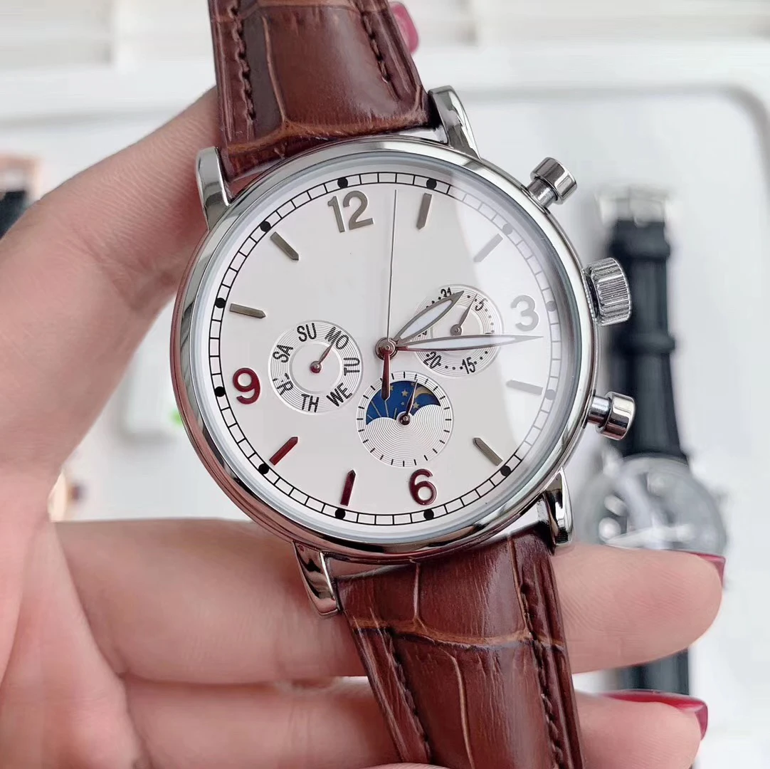 

High-end Men's Mechanical Watch Brown Leather Black White Moon Phase Automatic Sapphire Glass