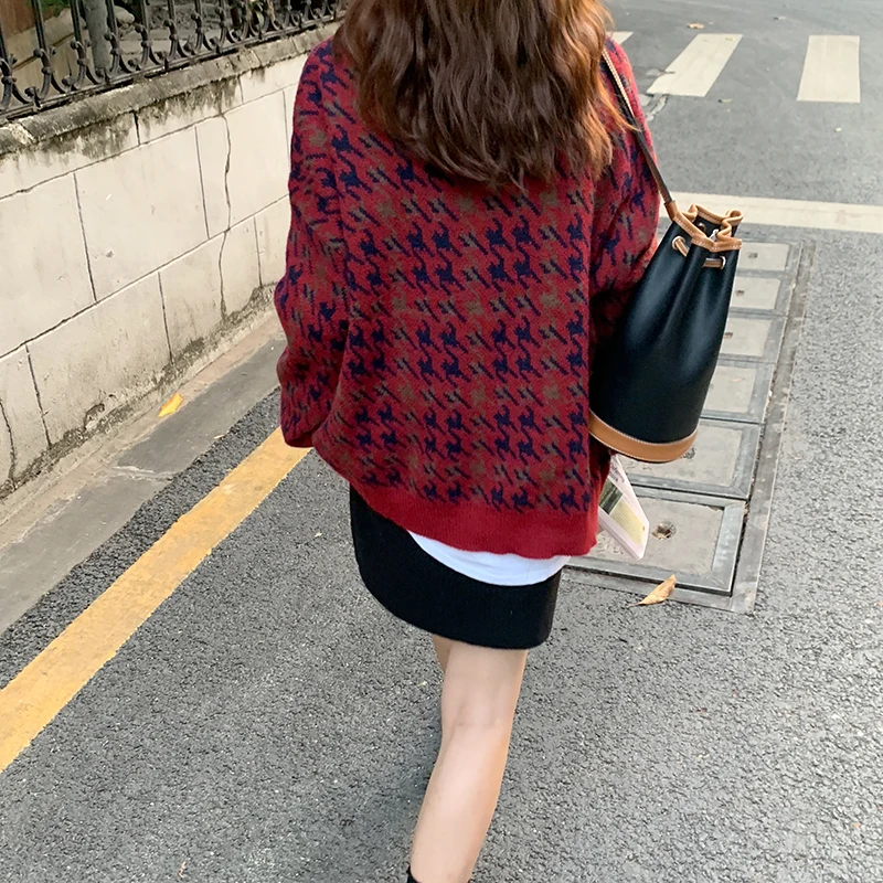 

Vintage Korean Houndstooth Sweater Women Autumn Winter O Neck Long Sleeve Loose Pullover knitted sweater pull femme