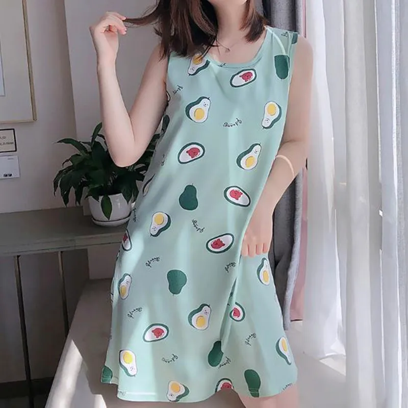 Женская ночная рубашка летнее Хлопковое платье-майка без рукавов Студенческая