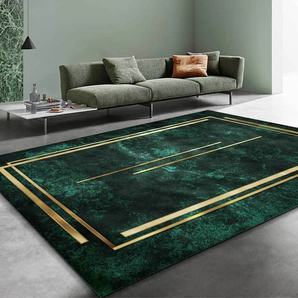 Fashion Modern Dark Green Emerald Green Geometric Gold Line Living Room Bedroom Bedside Carpet Floor Door Mats Tapis Salon Rugs