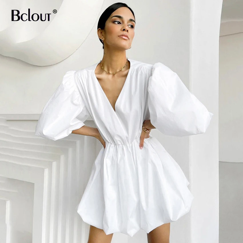 

FAKUNTN Bclout Elegant White Pink V Neck Bodycon Dress Women 2021 Summer Puff Sleeve Short Dress Casual A-Line Pleated Vestido
