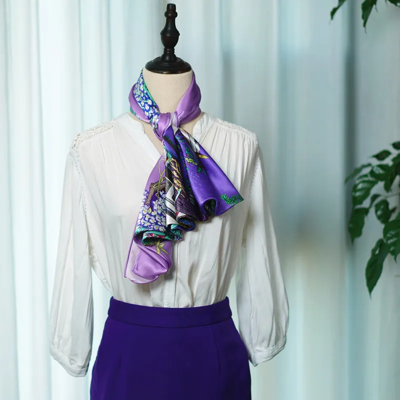 

16 momme Real Silk Scarf 110cm sqare scarf Printed flowers Wisteria High Quality Wrap Shawl Headband Bandana Lady Fashion