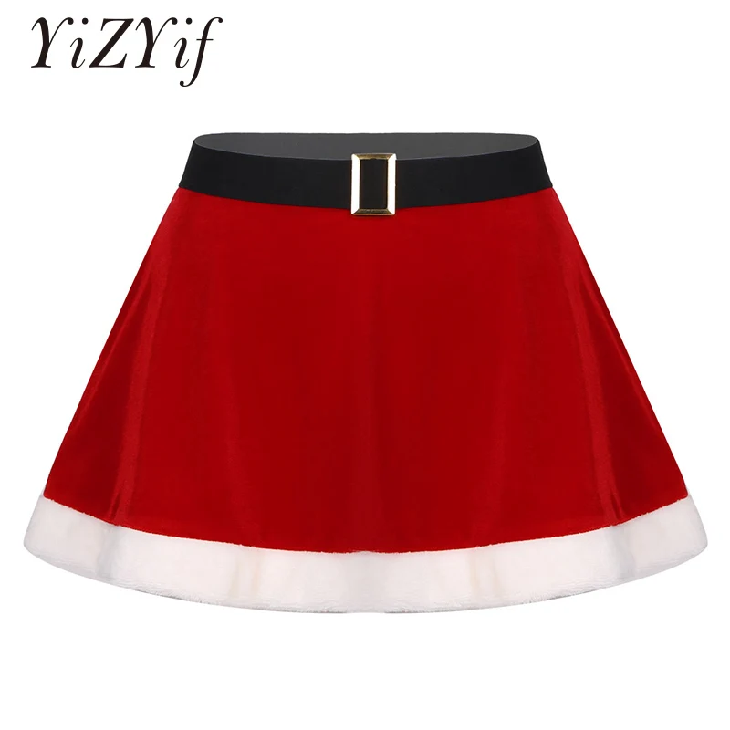 

Christmas Red Skirts For Ladies Flannel Faux Fur Trim Skirt Party Fancy Ball Costume Party Decoration Elastic Waist Miniskirt