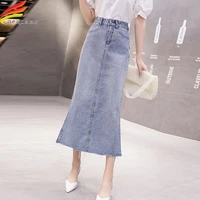 spring summer 2020 long denim skirt women korean style high waist mermaid skirt with pockets slit streetwear jeans skirts womens