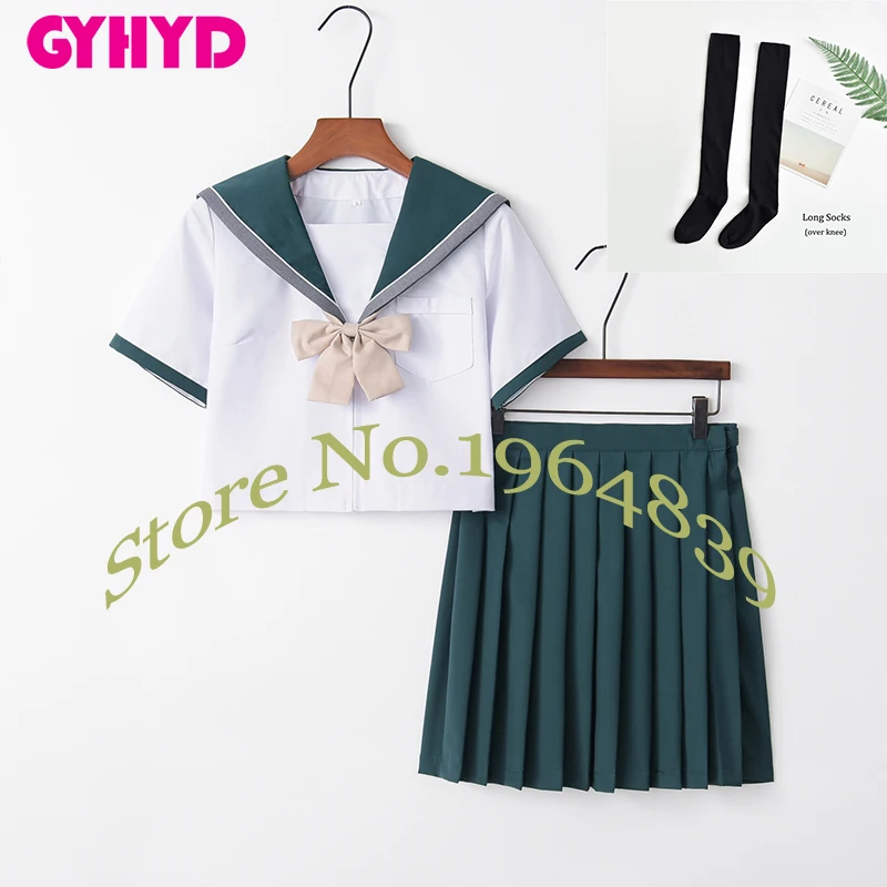 Short Set With Socks Японская школьная форма, Матросская юбка, маскировка, корейский стиль, белый топ+ зеленая юбка, Морской стиль, одежда для девочек - Цвет: Short Set With Socks