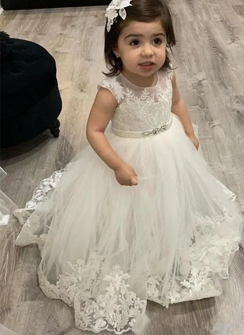 

2-14 Years Flower Girl Dresses Jewel Pageant Gowns With Lace Applique A-Line Pearls Sashes Floor-Length Girl Formal Party Dress