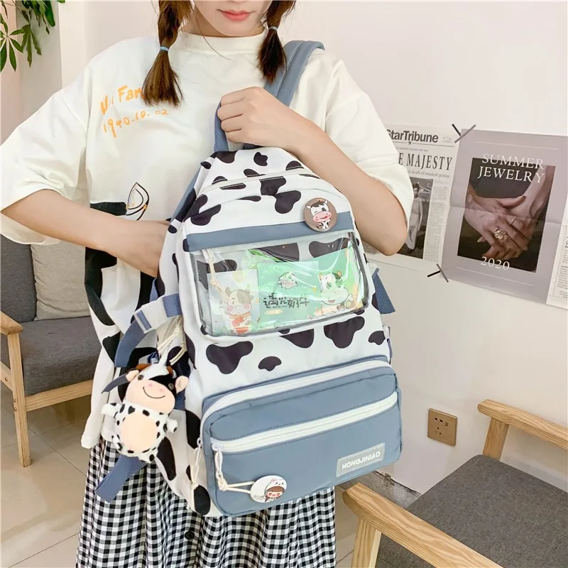 Милый женский рюкзак с коровьим узором, повседневный Универсальный школьный ранец для девочек, вместительные дорожные рюкзаки