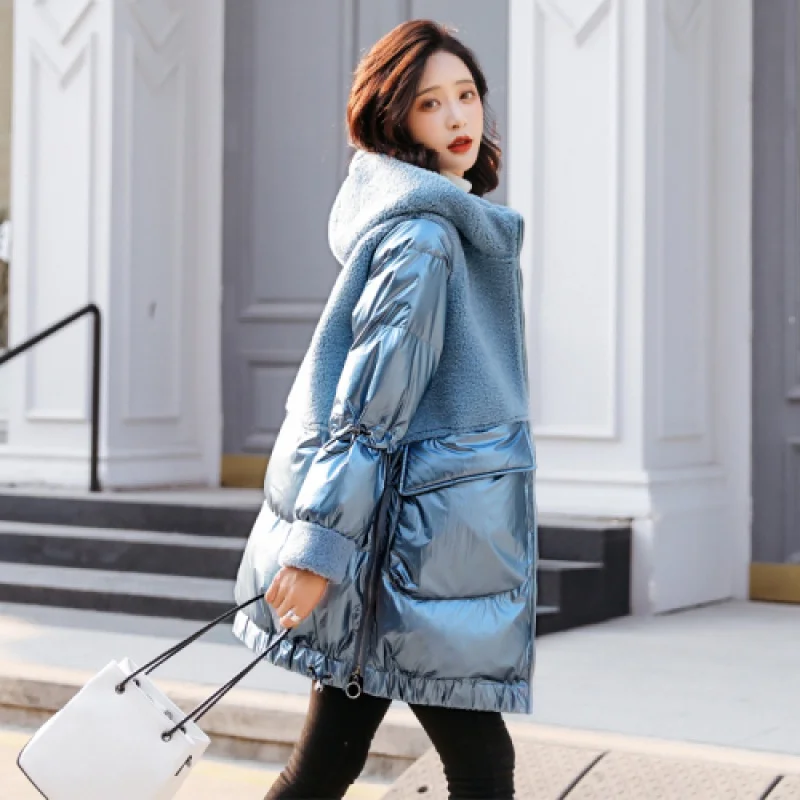 Thick Lamb Wool Stitching Shiny Cotton Coat Mid-Length Women's 2020 New Winter Padded Clothing Down Cotton Coat Female Loose B2