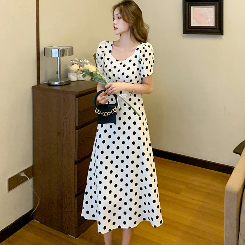 

Summer Vintage White Dot Print Chiffon Beach Midi Dess 2023 Korean Casual Hepburn Maxi Dress Women Elegant Bodycon Party Vestido