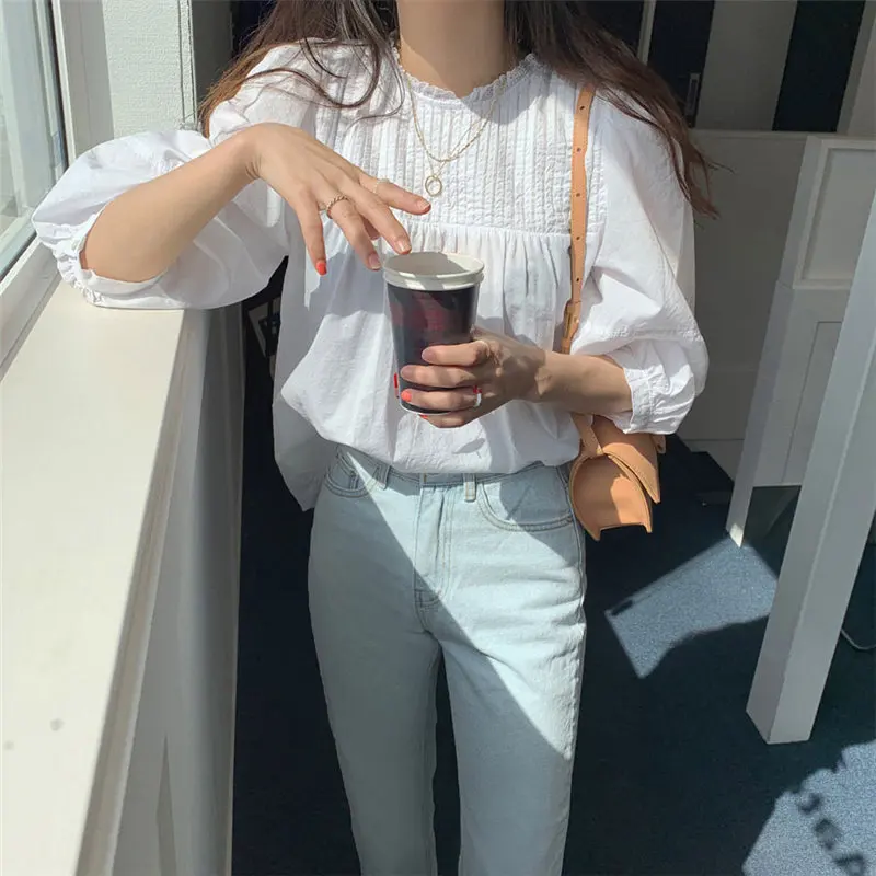 

Alien Kitty 2020 White Patchwork Pullovers Sweet Casual Chic Women Hot Loose Leisure Elegance Puff Sleeves High Street Shirts