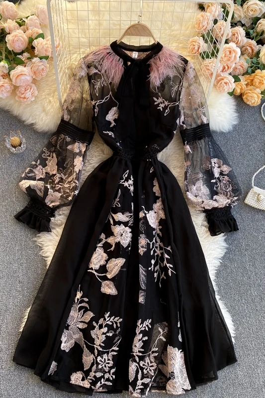 

2021 New Style Long Sleeve Dress for Party Embroidered Flower Ptilosis O Neck Elegant Evening Dress for Women