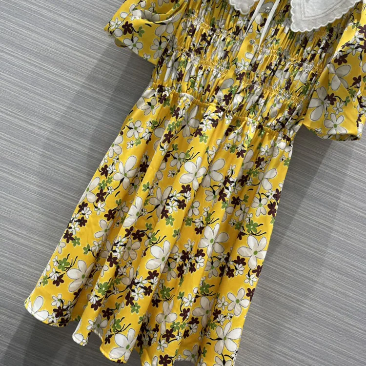 

Luxury Brand Floral Printed Mini Dresses Women 2021 Spring Summer New Lapels Puff Sleeve Pleated Sweet A-line Short Dress
