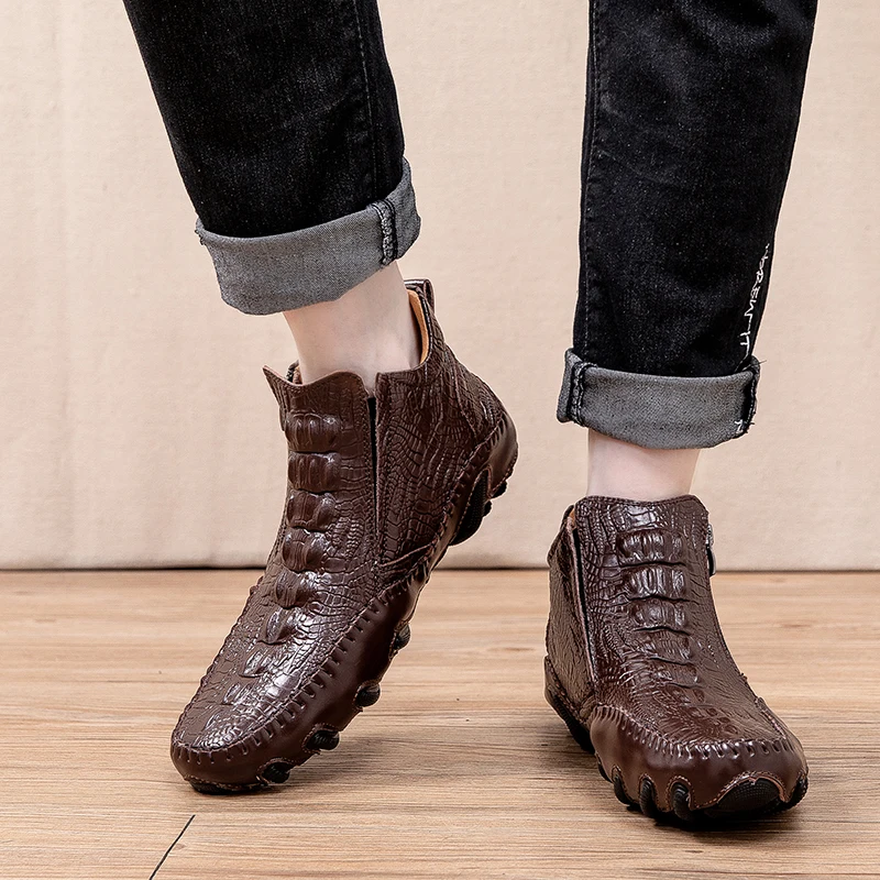 

Men's Winter Boots Casual Genuine Leather Shoes Male Classics Brown Black ANkle Boot Man Warm Snow Boots For Men Big Size 37-47