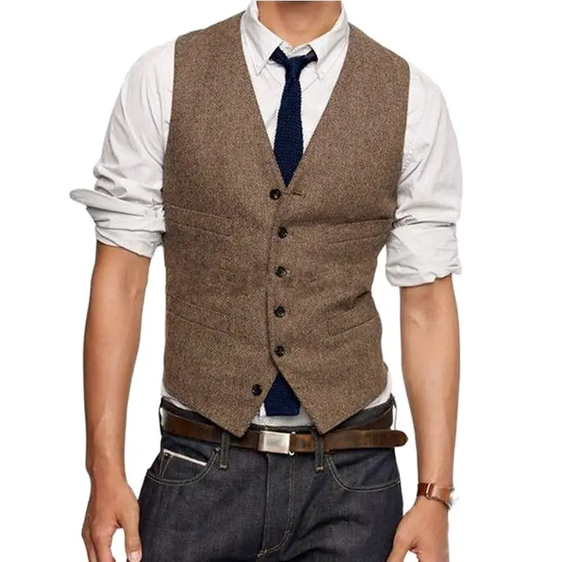 

Customzie Brown Tweed Vests Wool Herringbone British Style Waistcoat Men's Suit Tailor Slim Fits Prom Party Clothing W: 06