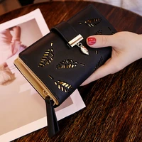 women gold hollow leaves wallet pu leather female long hasp zipper coin purse lady multifunction card holders clutch phone bag