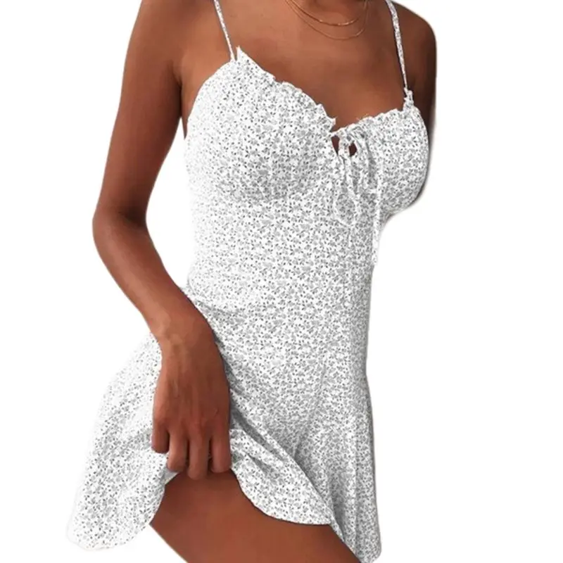 Women Summer Spaghetti Strap Flowy Mini Sling Dress Boho Floral Printed Lace-Up Ruffles Sexy V-Neck Beach Sundress Vestido | Женская