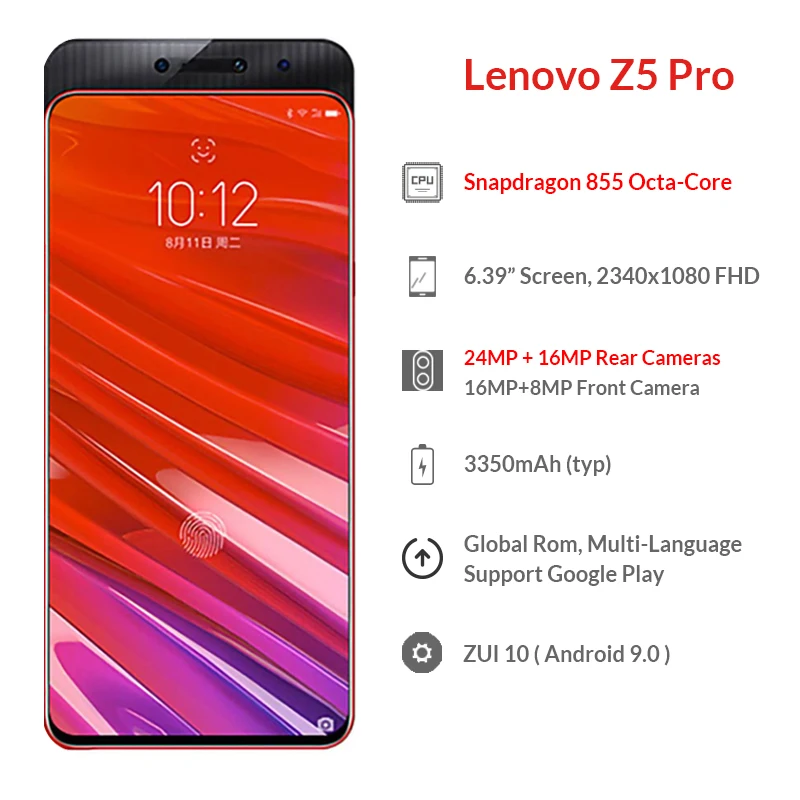 Lenovo Z5 Pro GT 855 Версия 8 Гб 128 ГБ 256 Гб Смартфон Snapdragon 855 Восьмиядерный 6,3" 24 МП Двойная фронтальная камера Встроенный NFC