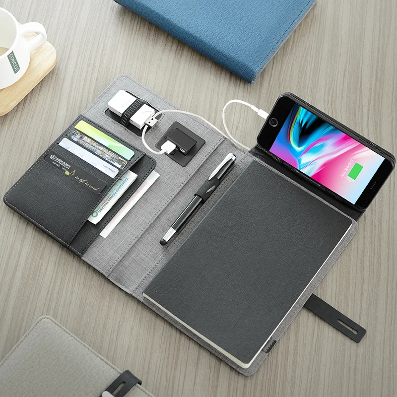 Multifuctional A5 business travel notebook composition book with 5000mAh power bank foldable mobile stand holder elastic belt | Канцтовары
