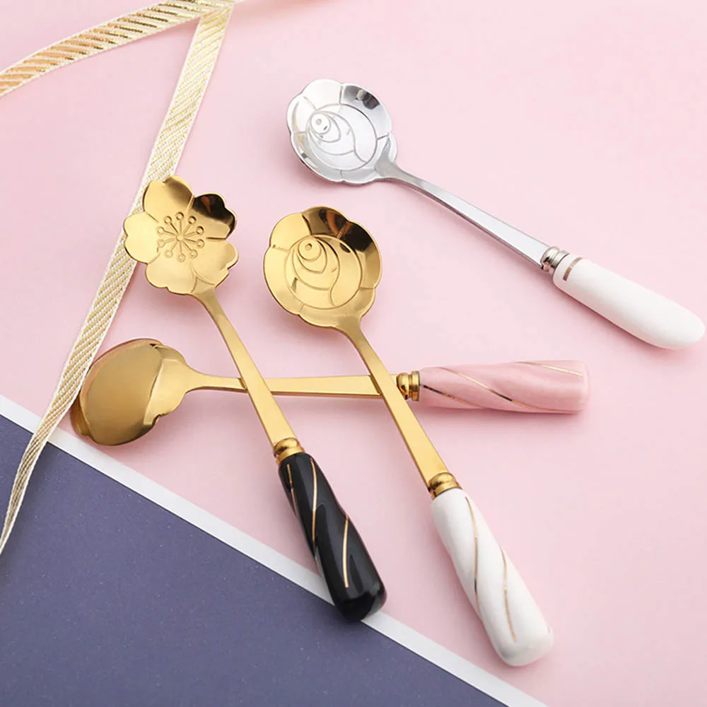 

Flower Shape Spoon Ceramic Handle Stainless Steel Tea Coffee Spoon Teaspoons Coffee Stirring Spoon Coffee Accessorie Tableware