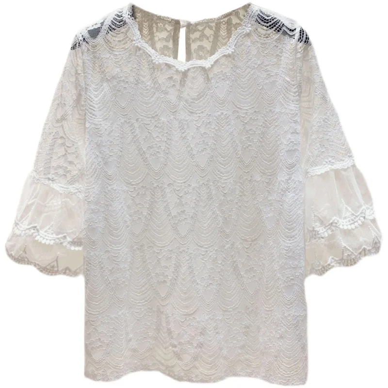 

Plus Size Shirt Summer 2021 New Korean Loose Fashion Women's Flare Sleeve Chic Embroidery Cotton Lace O-neck Casual Blouse 15011