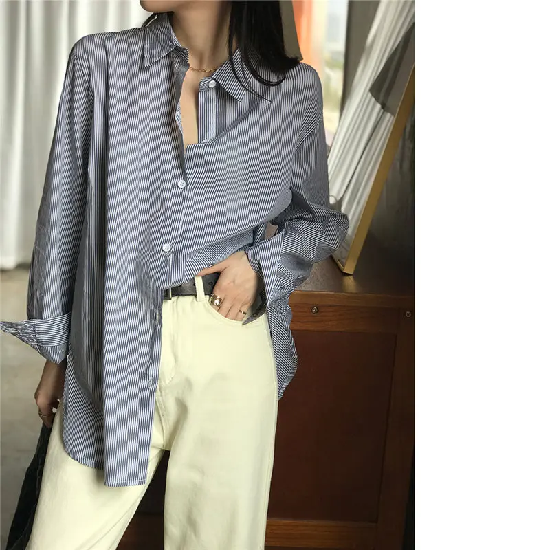 

HziriP Women Fashion Loose Striped 2020 Korea Fresh Geometric Full-Sleeved Tops High Quality All Match Casual Elegant Shirts
