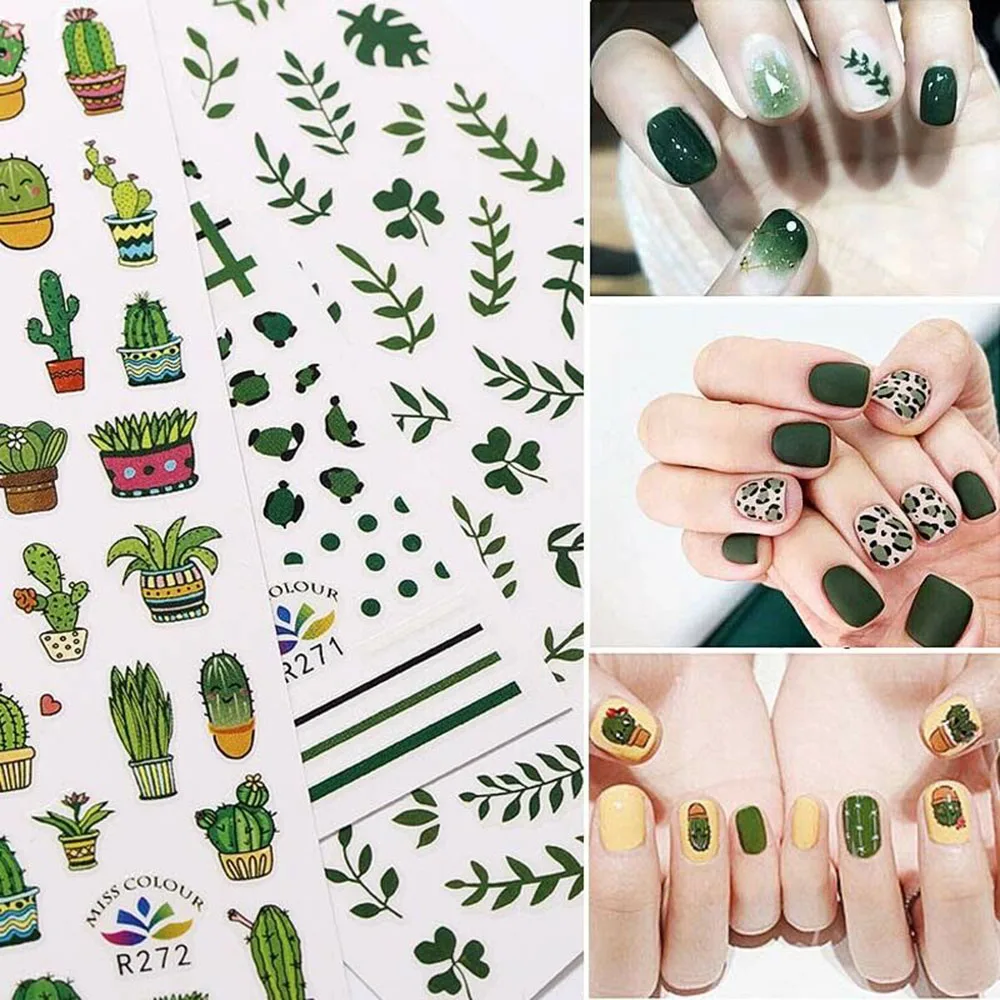 Наклейки для ногтей с зелеными листьями кактусами волнистыми точками 2019 |