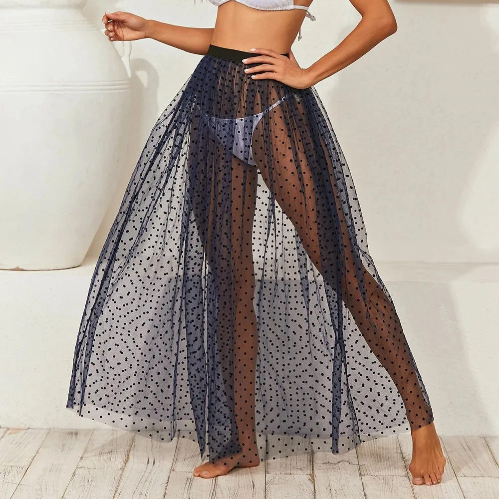 

Women Mesh Wave Point See-through Bikini Cover Up Skirt Beach Maxi Long Skirts Bikini Cover Up Mesh Sheer Beach Mini Wrap Skirt