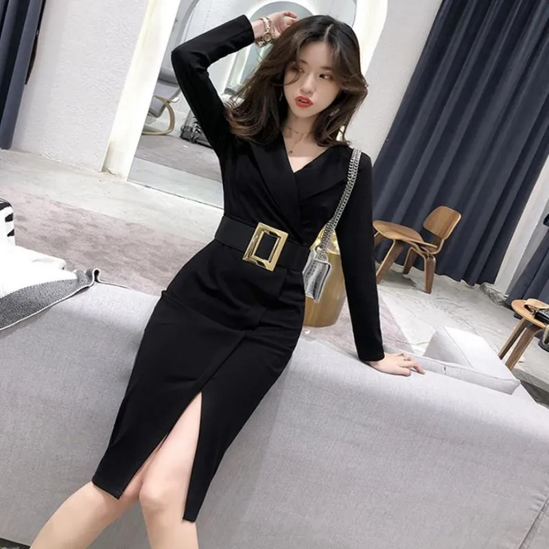 

Autumn Women's Clothing New Commuter Temperament Belt Slim Thin Slit Dress Long Sleeve Mid-waist Fashion Elegant Lapel Dress