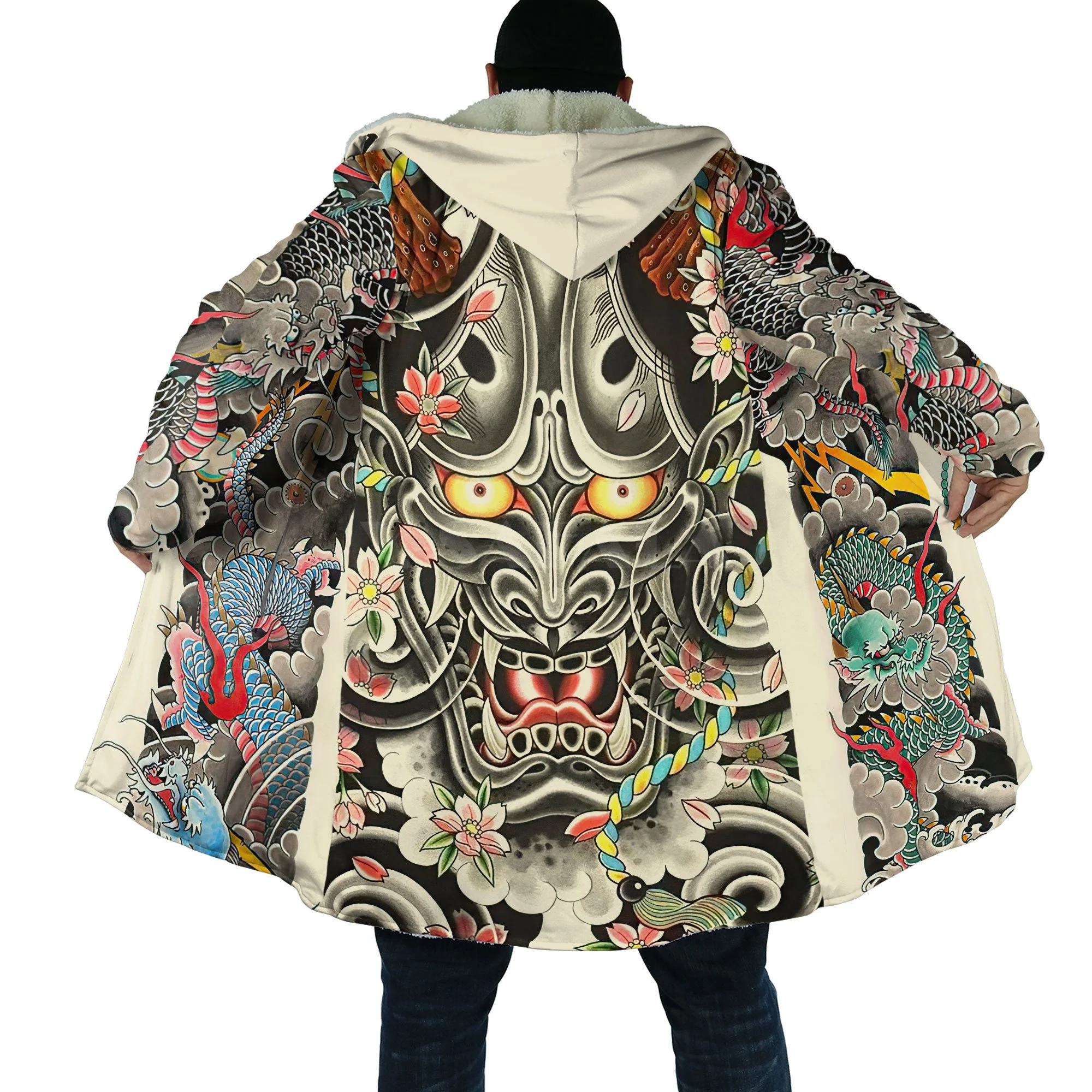 

Oni Mask Tattoo Samurai Mask Tattoo Overcoat Coat Printed Thick Warm Hooded Cloak for Men Windproof Fleece Unisex Casual-3