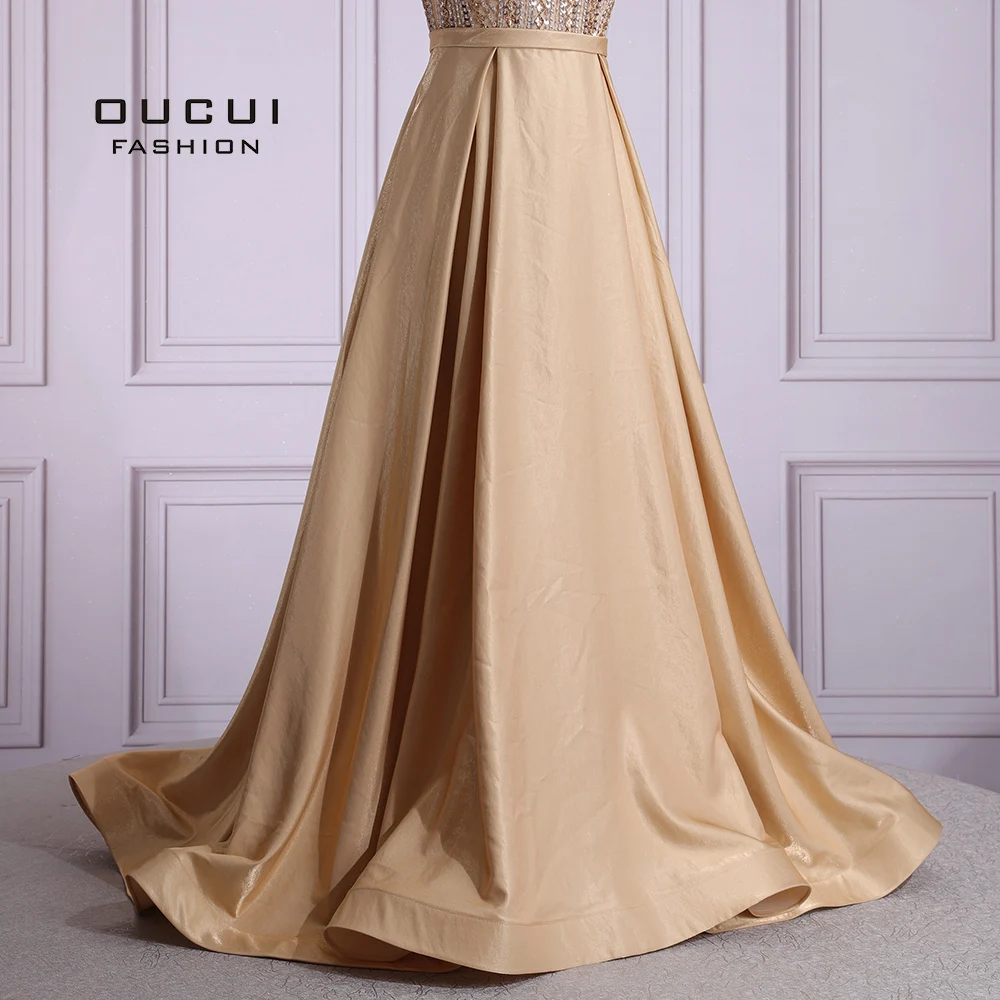 

O Neckline Gold Ballgown Evening Dress Long Party Formal Short Sleeves Sheer Striped Beaded Pattern Satin Prom Wear OL103686