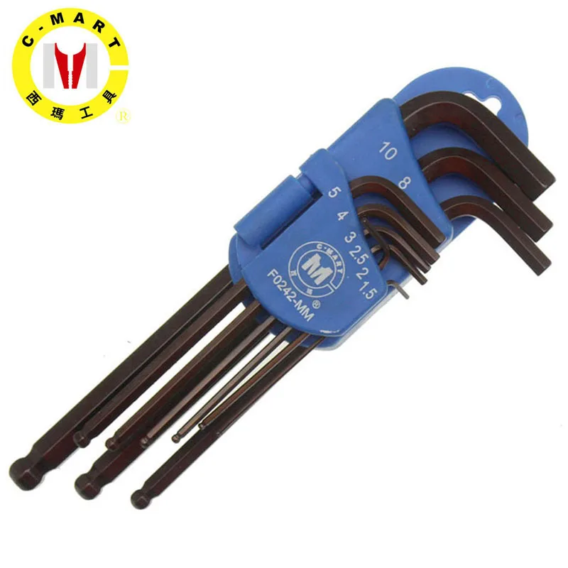 

C-Mart 9pc Ball Point Hex Key Set Long Arm S2 Alloy Steel Allen Key Wrench L Shape Hexagonal Wrenches Sets Inner hexagon Spanner