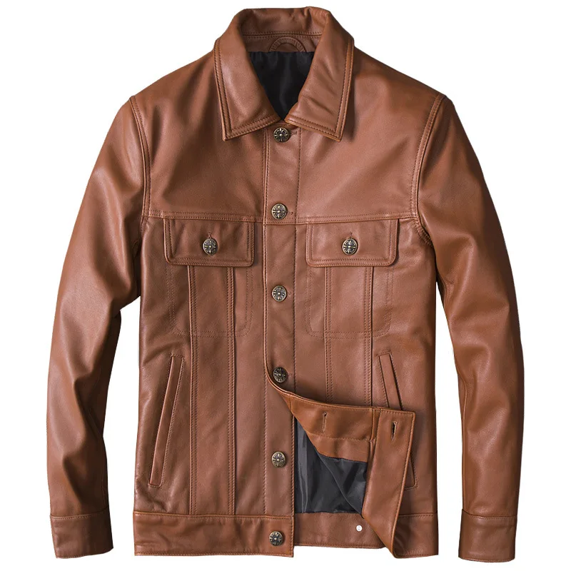 Solid Spring Color Men Genuine Leather Coats Motorcycle Jacket Real Head Layer Cowhide 4XL New Clothing Male Bomber Jacket