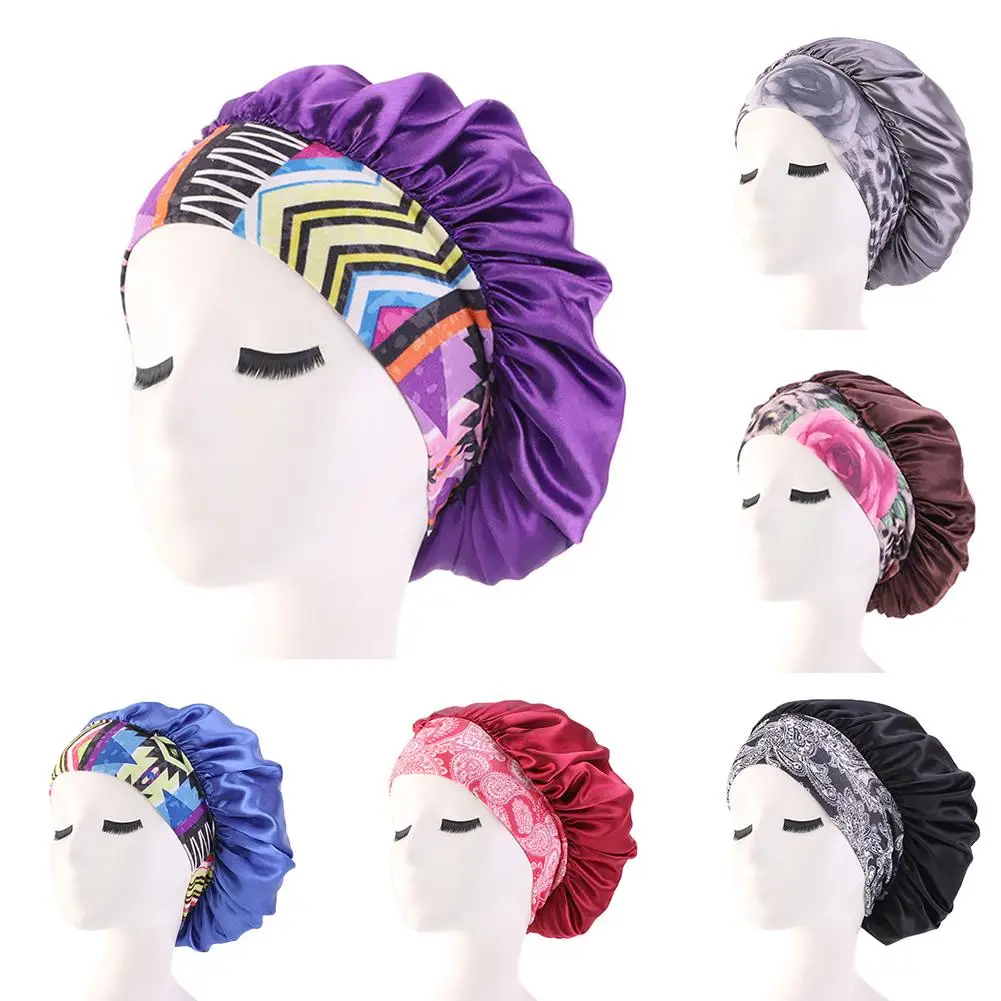 

Women's Satin Solid Wide-brimmed Sleeping Hat Night Sleep Cap Hair Care Bonnet Floral Wide Band Slouchy Hat Hair Care Cap 2020