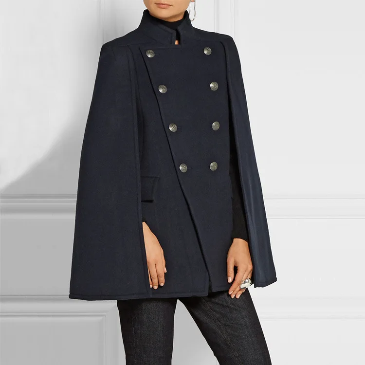 

Fashion Autumn and Winter Women's Handsome Double Breasted Wool Coat Stand Collar Blue Cloak Woolen Poncho Female Cape Jacket