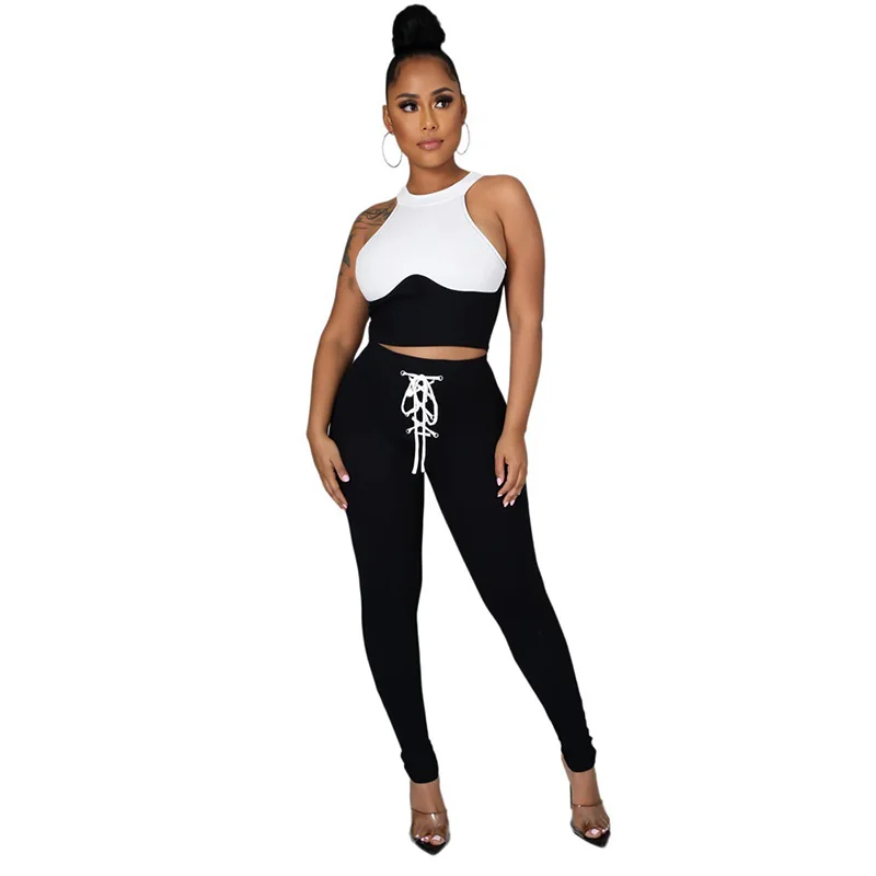 

Ribbed Panelled Lace Up Sets For Women Sporty Patchwork Patched Active Wear Slim Fit Tank Top And Pants Set Outfits Casual